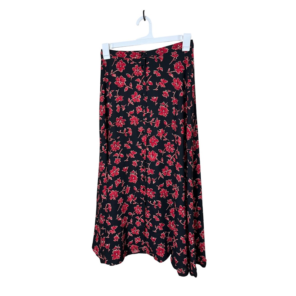 Vintage Rena Rowan for Saville Maxi Skirt Black Red Floral Button Front Womens M